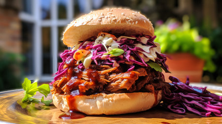Closeup of a hamburger with fresh coleslaw and ketchupの素材