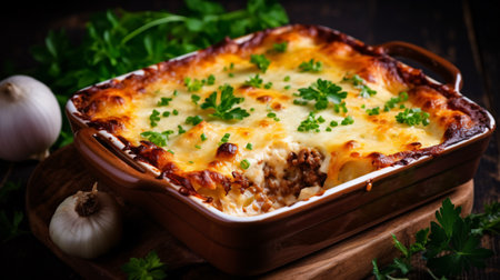 Lasagna with minced meat, cheese and parsley on wooden backgroundの素材