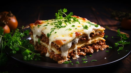 Traditional lasagna with minced meat and cheese on a black plate.の素材