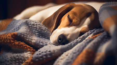 Beagle dog sleeps under a warm plaid. Close-up.の素材