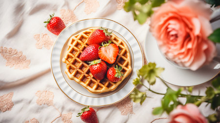 Waffles with strawberries on a white plate on the background of flowers.の素材