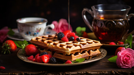 Waffles with fresh berries and a cup of tea on a wooden backgroundの素材