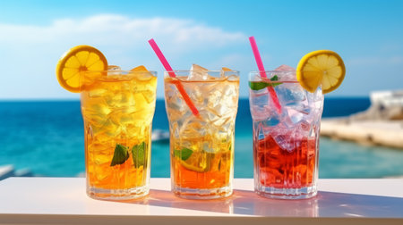 summer drink on the background of the sea and blue sky.の素材