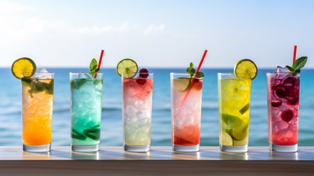 Variety of cocktails on the table on the background of the seaの素材