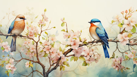Watercolor painting of two birds on a branch of sakura.の素材