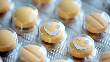 Smiley face on pills in blister pack, close-up.の素材