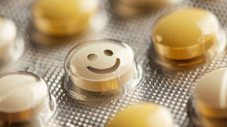 Smiling face on the pills, close-up, selective focusの素材