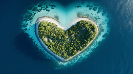 Aerial view of heart shaped island in the middle of the seaの素材