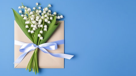 Lily of the valley bouquet in envelope on blue background.の素材