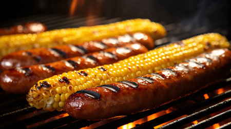 Grilling sausages with corn on barbecue grill, closeupの素材