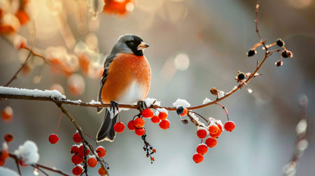 bullfinch on a branch with red berries in the winter forestの素材