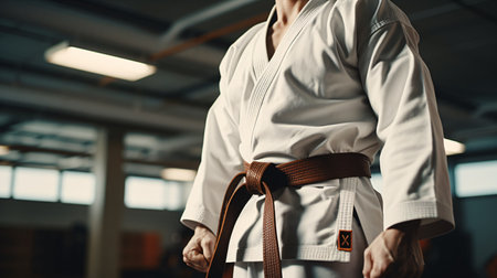 Close up of man in white kimono standing with belt in martial arts gymの素材