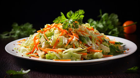 Salad with cabbage, carrot and parsley on a dark backgroundの素材