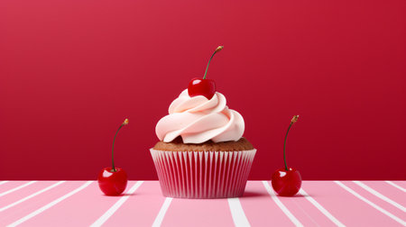 Cupcake with cherry on pink tablecloth and red background.の素材