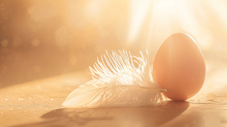 Easter egg and feather on wooden table with bokeh backgroundの素材