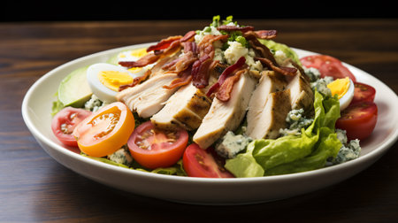 Caesar salad with chicken and egg on wooden table, closeupの素材