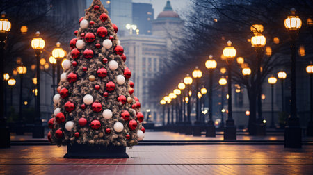 Christmas tree decorated with red and white balls on the background of night street lightsの素材