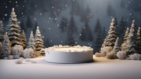 3d rendering of christmas product display podium in snowy forest.の素材