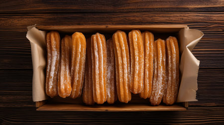Churros in a box on a wooden background. Top viewの素材