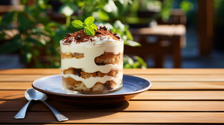 Classic tiramisu dessert in a glass cup on wooden table outdoorsの素材