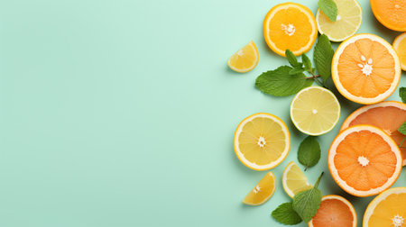 Slices of citrus fruit and mint on mint background, top viewの素材