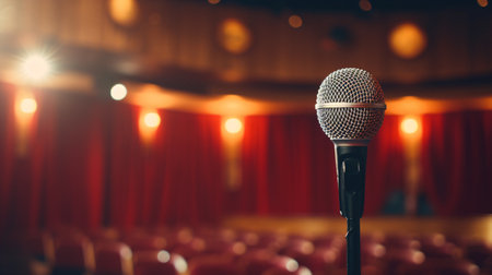 Microphone on stage in a conference hall or seminar room with red curtains.の素材