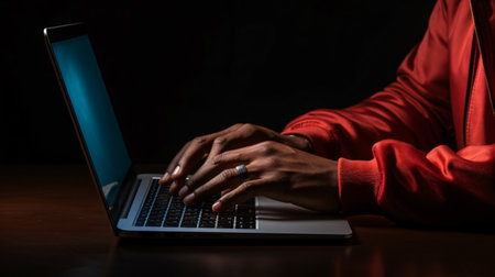 cropped view of african american man using laptop at nightの素材