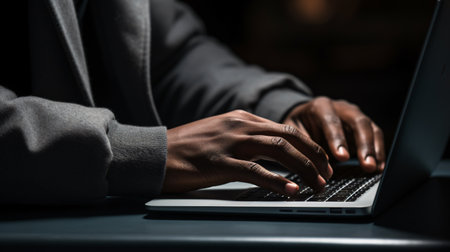 Close up of businesswoman hands typing on laptop keyboard in dark officeの素材