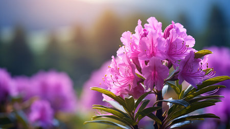 Pink rhododendron flowers on the background of the mountains.の素材