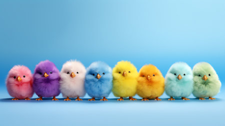 Group of colorful chickens standing in row on blue background. Easter conceptの素材
