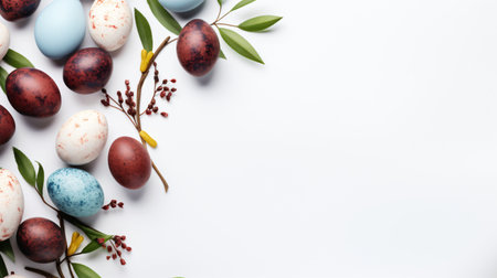 Easter eggs on white background. Top view, copy space.の素材