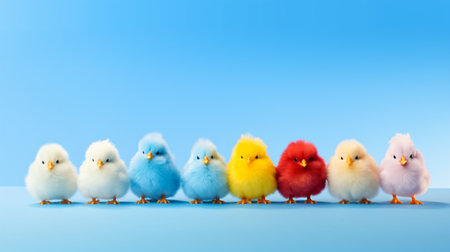 Chickens in a row on blue background. Easter concept.の素材
