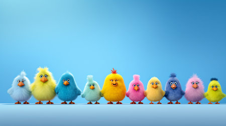 3D render of a group of easter chicks on blue backgroundの素材