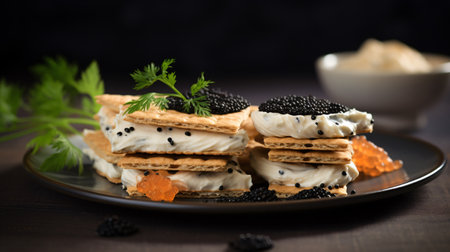 Crispy crackers with black and red caviar on a plateの素材