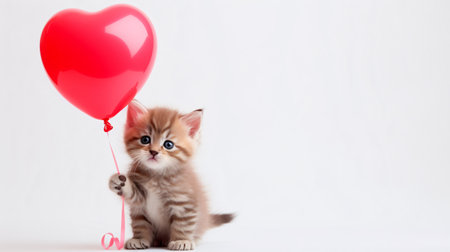 Cute little kitten with red heart shaped balloon on white background.の素材