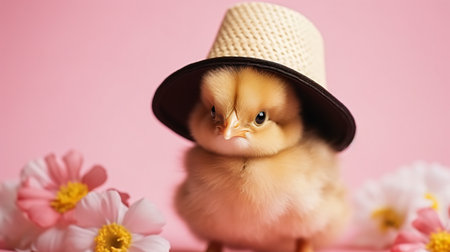 Cute little yellow chicken in hat and flowers on pink background.の素材
