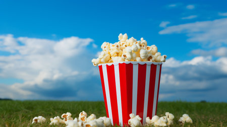 Popcorn in a red striped bucket on the green grass with blue sky backgroundの素材