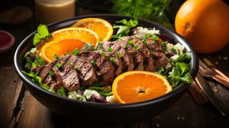 Salad with grilled meat, orange and fresh salad on wooden backgroundの素材
