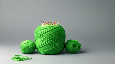 Green ball of yarn with knitting needles on grey background with copy spaceの素材