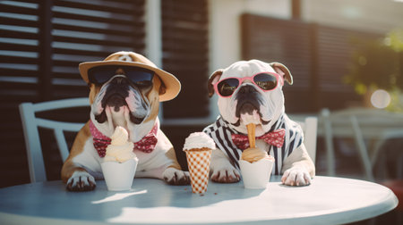 Cute french bulldog puppy in hat and sunglasses eating ice creamの素材