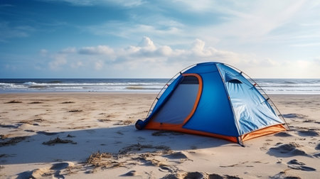 Camping tent on the beach with blue sky and sea background.の素材