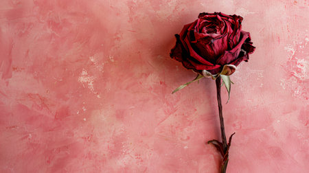 Red rose on pink background with copy space. Valentines day backgroundの素材