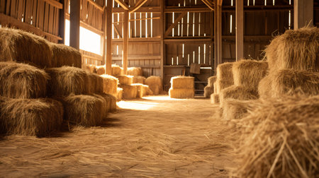 Straw bales in the barn, close-up of photoの素材