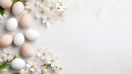 Easter background with white eggs and cherry blossom. Top view with copy spaceの素材