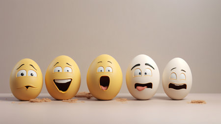 Eggs with funny faces on white background. Easter concept.の素材