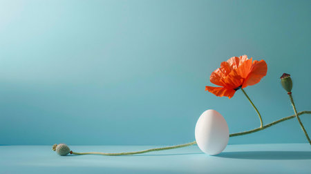 White egg with poppies on blue background. Minimal easter concept.の素材