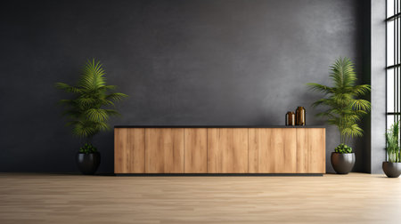 brown wooden reception desk in front of black wall - 3d renderingの素材