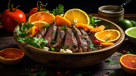 Sliced roast beef with orange and parsley in wooden bowlの素材