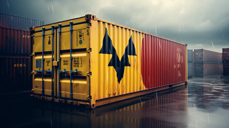 The national flag of Barbados is shown on a container for storing goods under heavy rain.の素材