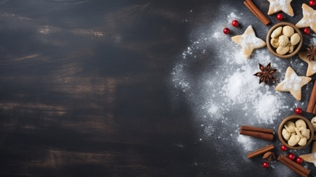 Top view of christmas cookies and spices on dark wooden background with copy spaceの素材